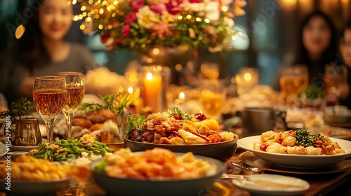 Traditional Chinese family reunion dinner rich food on the table warm golden lighting capturing the joyful atmosphere of family togetherness