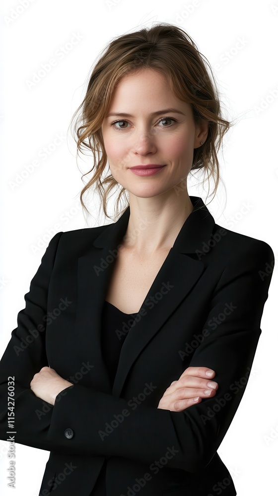 Confident Businesswoman in a Sleek Black Suit Smiling Softly With Arms Crossed Against a Pure White Background. Generative AI Confident Businesswoman in a Sleek Black Suit Smiling Softly With Arms Crossed Against a Pure White Background. Generative AI