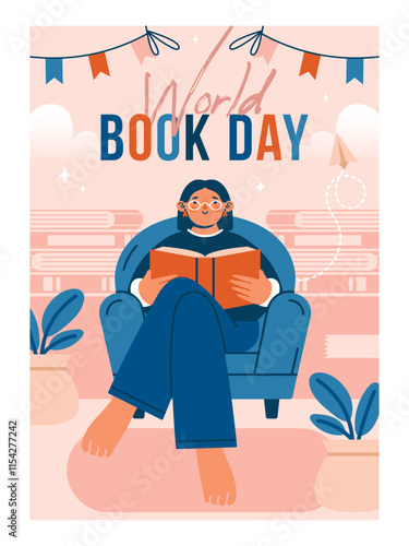 Young woman sitting in armchair with open book in hands. Cute banner template with reading woman, garlands, stack of books, text. Flat Design. Naive cartoon illustration to World Book Day. 