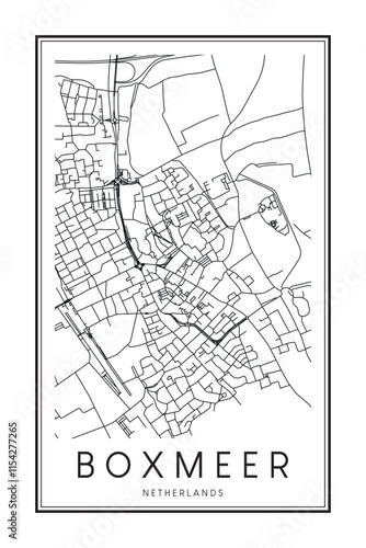 Printable downtown road map poster of the Dutch city of BOXMEER on solid white background with city name photo