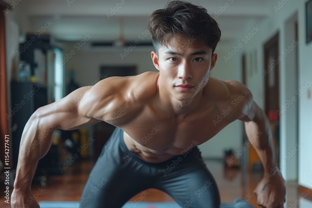 sporty young man make an exercise plank in the living room at home to bodybuilding, Generative AI sporty young man make an exercise plank in the living room at home to bodybuilding, Generative AI