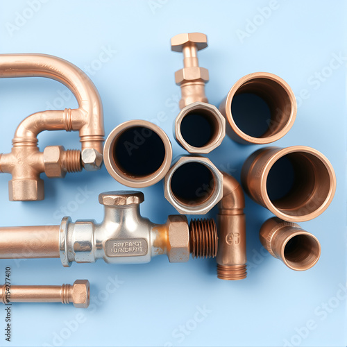 copper pipes and fittings for carrying out plumbing work. Plumbing, fixing pipes and fittings for connection of water or gas systems