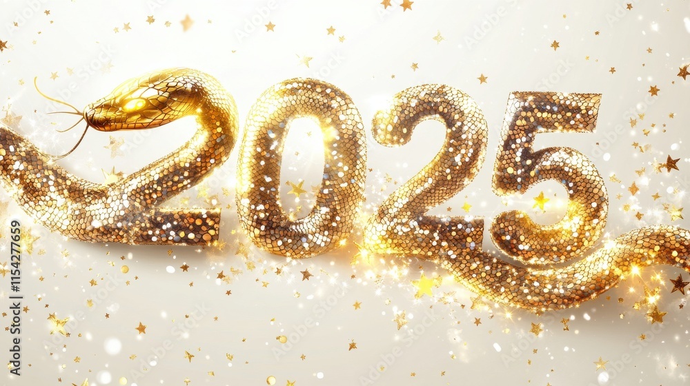 Radiant golden snake forming the year 2025 with glowing festive elements Radiant golden snake forming the year 2025 with glowing festive elements