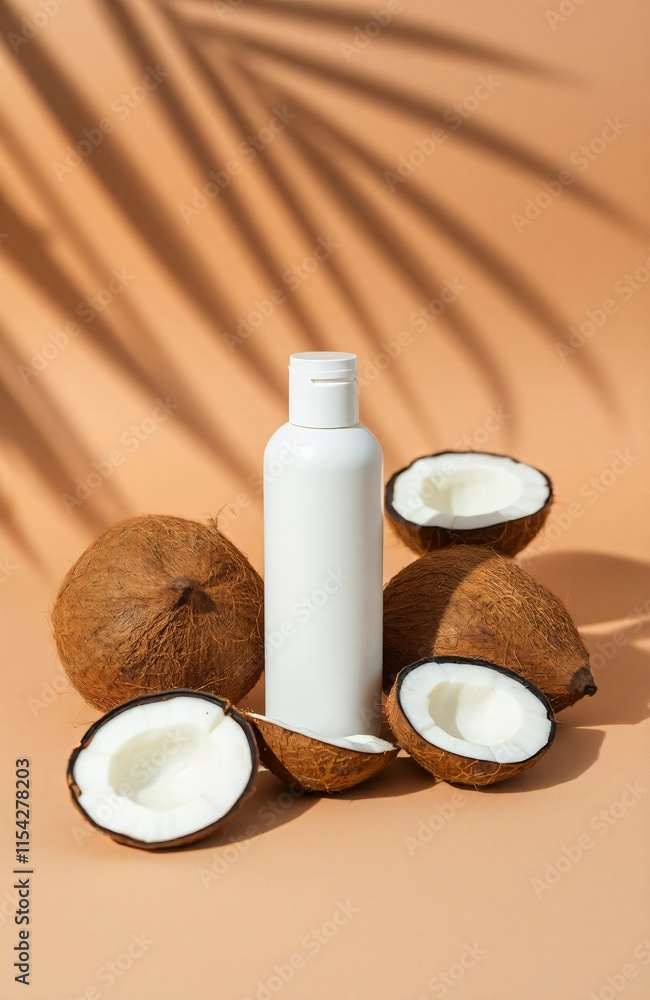 a bottle of coconut milk product mockup surrounded by coconuts a bottle of coconut milk product mockup surrounded by coconuts