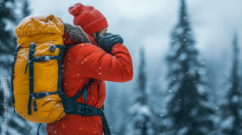 Hiker in Red Jacket with Backpack During Snowstorm Hiker in Red Jacket with Backpack During Snowstorm