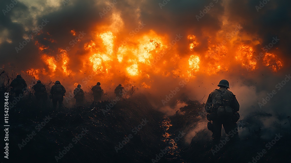 Fototapeta premium Soldiers Advance Through Fiery Battlefield Inferno