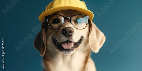 A cheerful dog sportively dons a bright yellow cap and stylish glasses, exuding charm and confidence while posing playfully in front of a blue backdrop photo