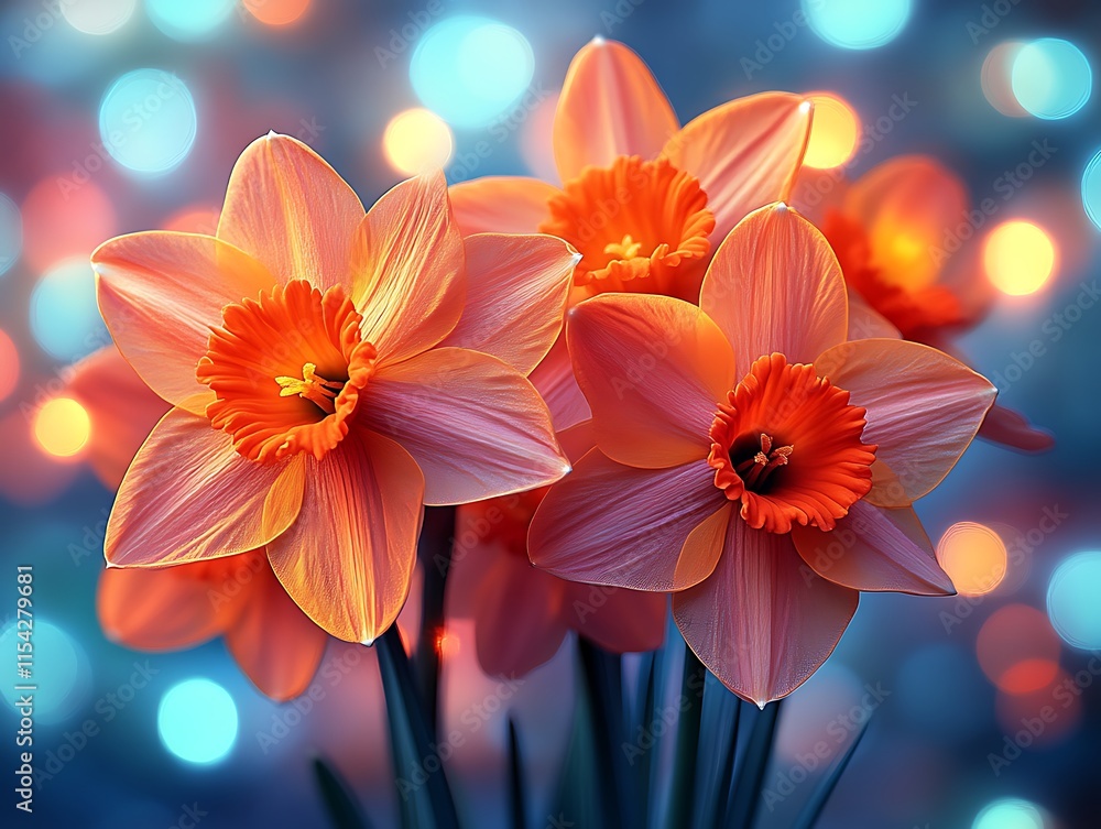 Three Peach Daffodils Bloom Brightly Against A Bokeh Background Three Peach Daffodils Bloom Brightly Against A Bokeh Background