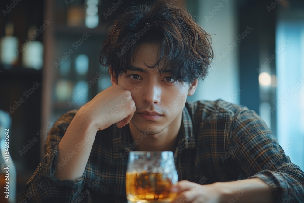 melancholy young Asian man drinks alcoholic whisky alone at home feeling dizzy after drunk, Generative AI melancholy young Asian man drinks alcoholic whisky alone at home feeling dizzy after drunk, Generative AI