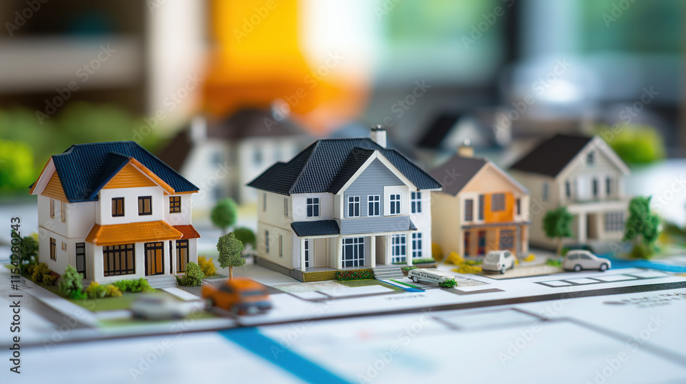 custom made wallpaper toronto digitalRow of Miniature Houses on a Real Estate Report with Upward Arrows Representing Property Investment Trends