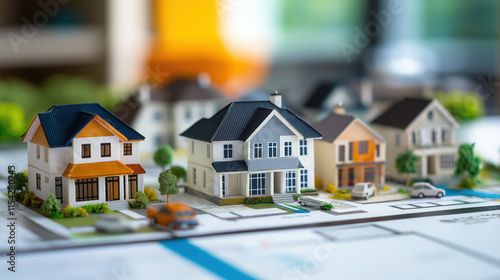 Wallpaper Mural Row of Miniature Houses on a Real Estate Report with Upward Arrows Representing Property Investment Trends Torontodigital.ca