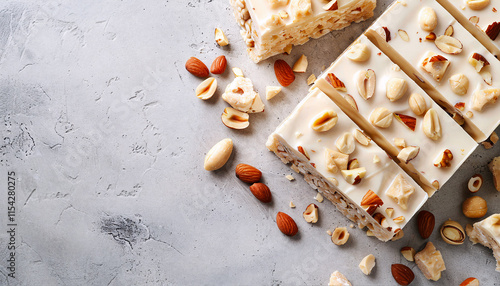 A few white chocolate bars with pieces of fruit and nuts on a marbled background photo