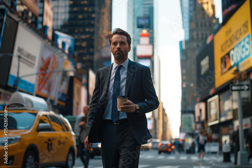 Businessman Walks Through Busy City Street Holding Coffee