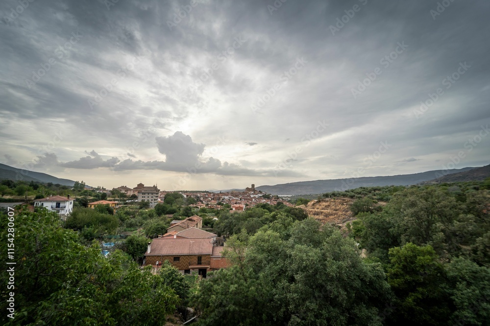 Fototapeta premium Panoramic view of the village of Hervas in Caceres at sunset. Spain
