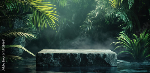 Lush green leaves frame a large stone platform in a mystical forest. A soft mist hovers above the ground, creating an enchanting atmosphere in the vibrant surroundings.