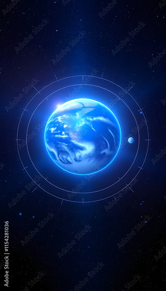Naklejka premium Earth Orbit Reverse Blue Sun Radiance Outer Space. Epic Cosmos Nebula Constellation Celestial Navigation Satellite View Universe Concept 3D Animation, studio lighting, with white tones