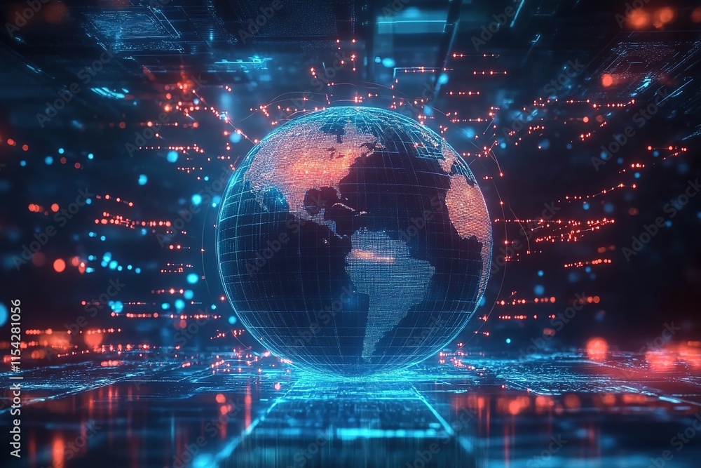 Obraz premium A digital globe surrounded by glowing connections, symbolizing global connectivity and the vastness of cyberspace. 