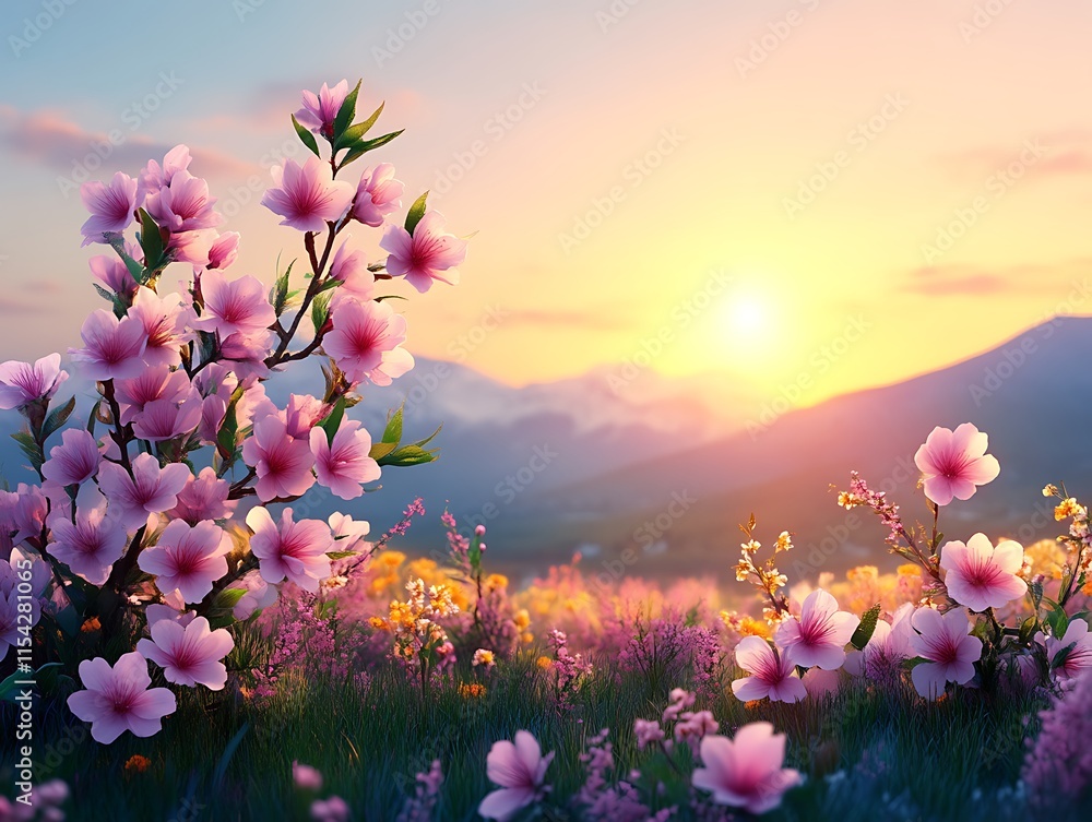 Pink Flowers Blossom at Sunset Mountain View Pink Flowers Blossom at Sunset Mountain View