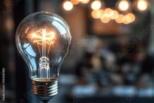 A single light bulb sits on a wooden table with a simple, neutral background