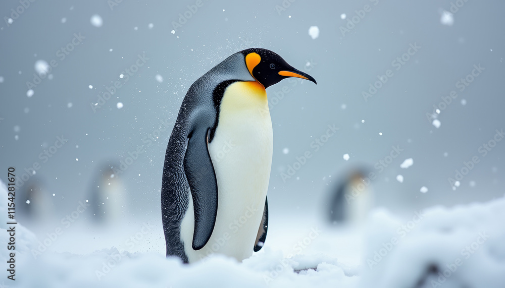 Solitary emperor penguin standing in a snowy landscape with falling snowflakes during an Antarctic storm Solitary emperor penguin standing in a snowy landscape with falling snowflakes during an Antarctic storm