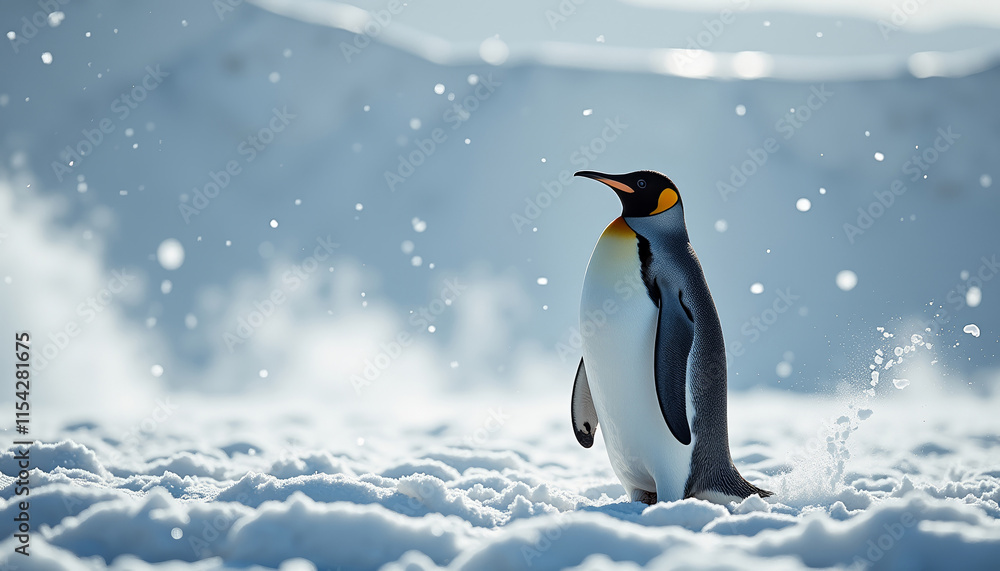 Fototapeta premium Emperor penguin standing proud in a snowy wonderland amidst falling snowflakes during an Antarctic storm