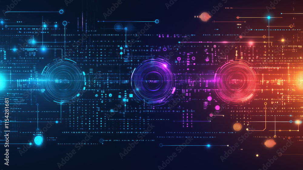 Obraz premium Cyberpunk-Inspired Digital Background with Neon Lighting, Matrix-Style Codes, and Tech Symbols