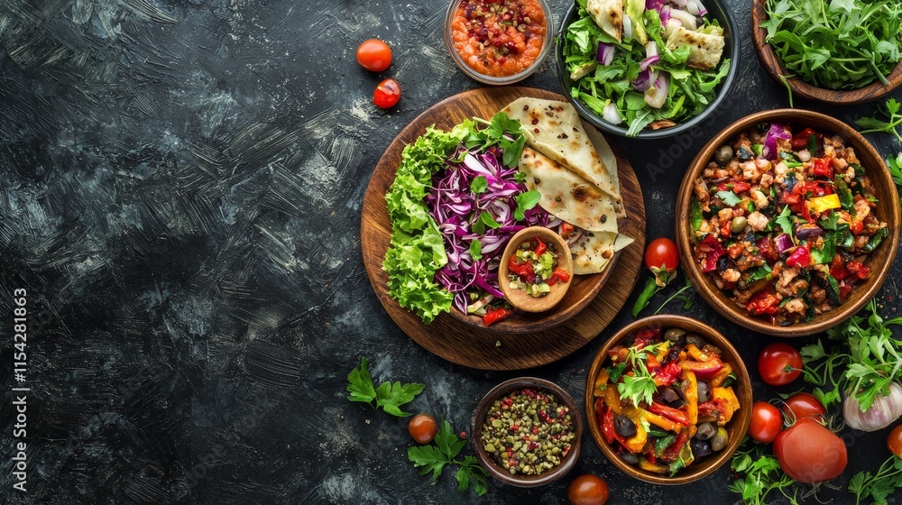 Rustic platter with fresh salad and spices Rustic platter with fresh salad and spices