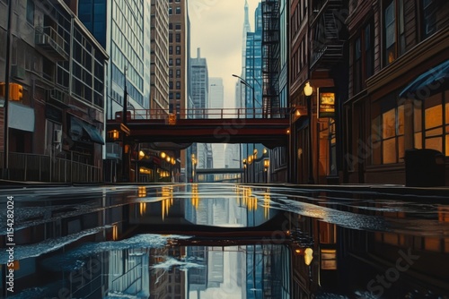 Fototapeta Naklejka Na Ścianę i Meble -  A city street with a bridge spanning a small puddle of water