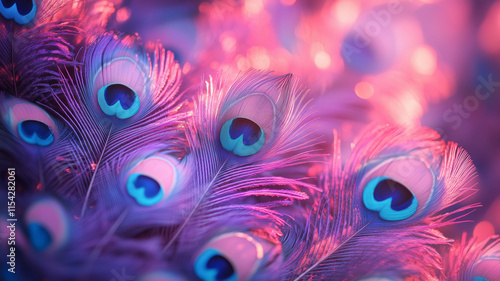 Vibrant pink and purple peacock feathers sparkle with colorful iridescence