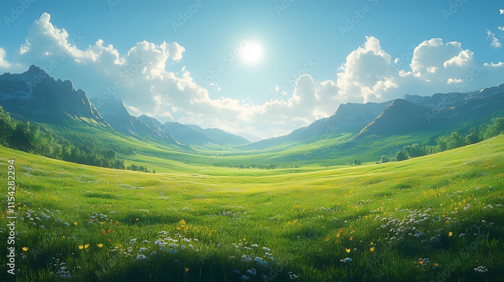 Fototapeta premium Sunny meadow landscape with mountains and flowers.