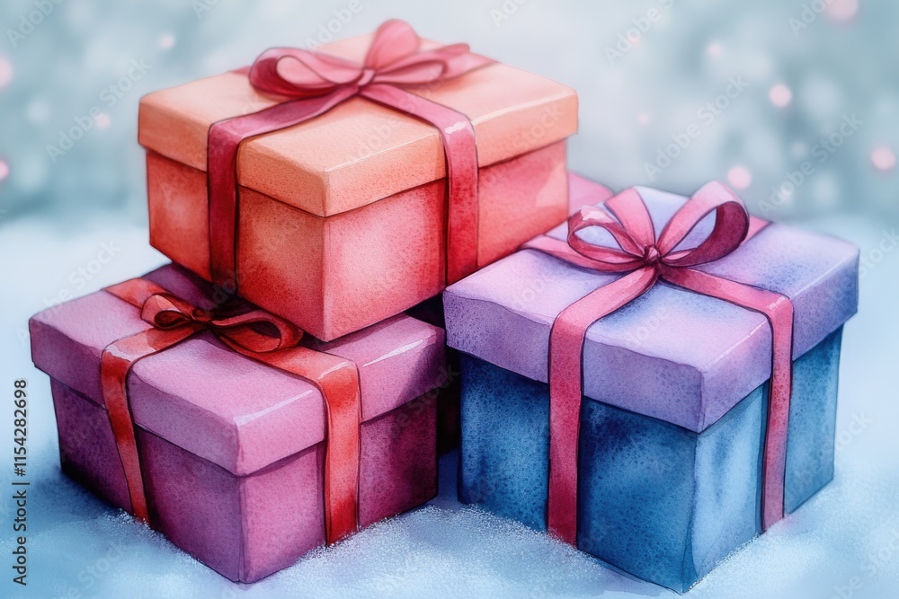 Three gift boxes placed on snowy ground with a winter atmosphere Three gift boxes placed on snowy ground with a winter atmosphere
