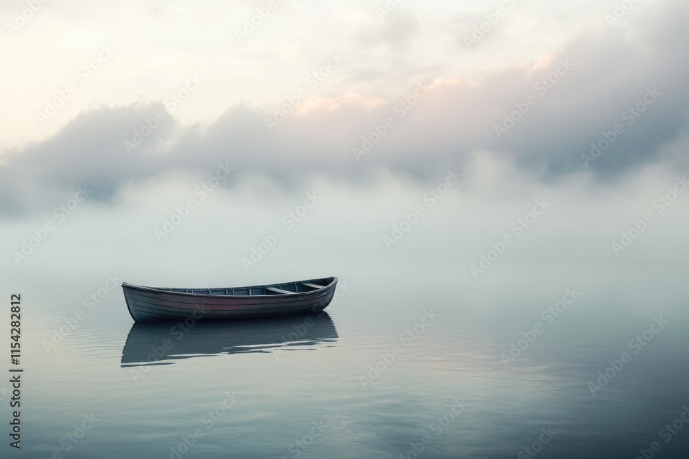 A small boat floating on the surface of a calm lake, suitable for outdoor or travel photography A small boat floating on the surface of a calm lake, suitable for outdoor or travel photography