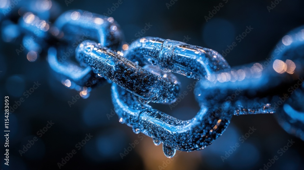 Close-up of a metallic chain with water droplets, glistening in cool blue tones. The intricate details and textures are highlighted, creating a visually striking image. Close-up of a metallic chain with water droplets, glistening in cool blue tones. The intricate details and textures are highlighted, creating a visually striking image.