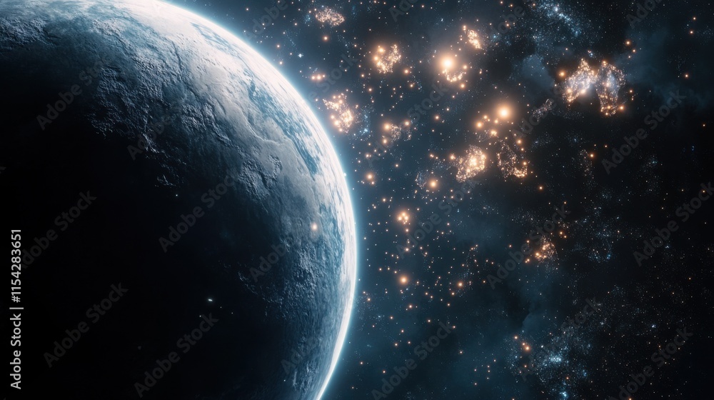 Obraz premium A celestial body, possibly a planet, looms large in the foreground, its surface textured and partially illuminated. In the background, a nebula glows with a myriad of warm and cool colors