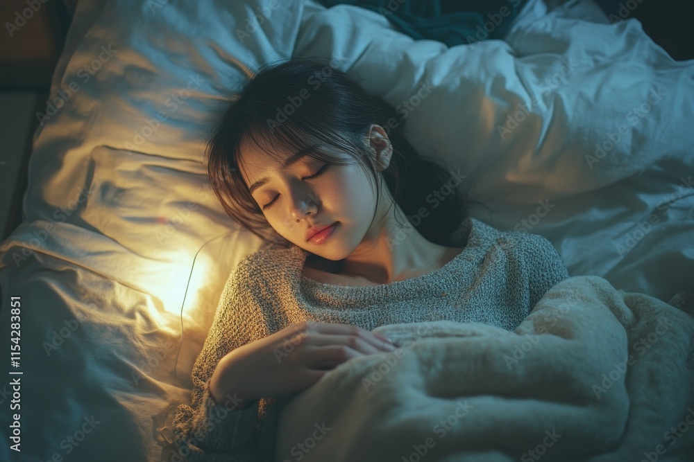 Woman measuring temperature her body on the bed. person got fever lying on the bed, Generative AI Woman measuring temperature her body on the bed. person got fever lying on the bed, Generative AI