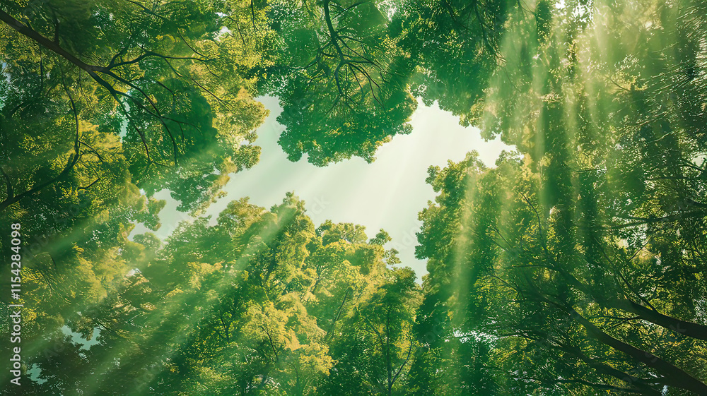 Fototapeta premium View of green forest canopy. The overall atmosphere is light green summer with rays of light through the foliage