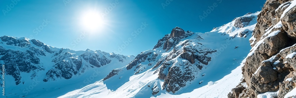 Spring thaw in snowy mountain landscape, bright sun and clear blue sky, panoramic view Spring thaw in snowy mountain landscape, bright sun and clear blue sky, panoramic view