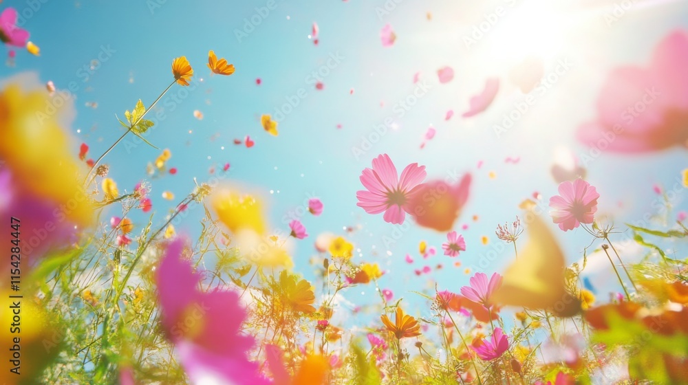 Bright Solar Panel Field with Colorful Flowers Bright Solar Panel Field with Colorful Flowers