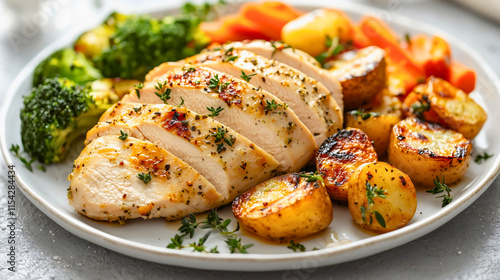 A very nice and large meal, white meat prepared in a delicious way with various vegetables, a healthy and low-calorie white meat dish.