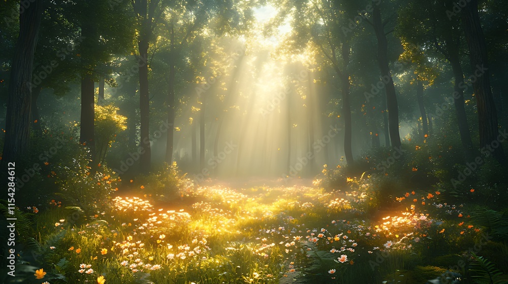 Sunbeams illuminate a mystical forest path, wildflowers carpet the ground, fog hangs in the air. Sunbeams illuminate a mystical forest path, wildflowers carpet the ground, fog hangs in the air.