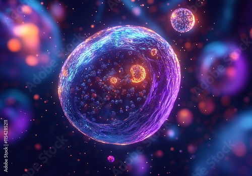 Wallpaper Mural A close-up of an isolated cell, with vibrant purple and orange hues, surrounded by glowing spheres representing other cells in the background. Torontodigital.ca