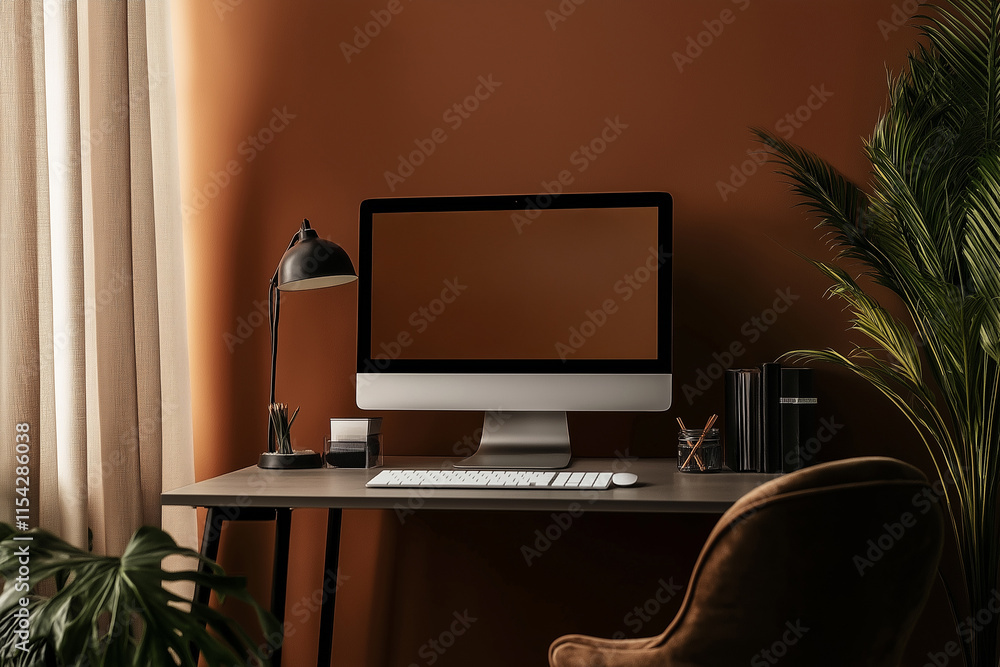 Fototapeta premium Stylish mocha mousse-colored interior with minimalist desk and sleek PC monitor design.