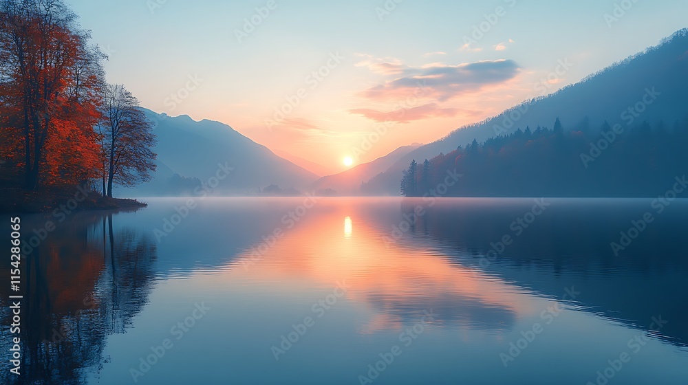Obraz premium Serene Autumn Sunrise Over Mountain Lake Reflection
