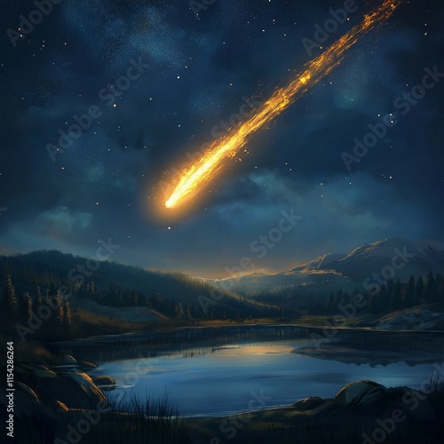 Meteor streaking across the sky, illuminating a serene night landscape scene