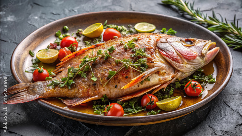 Whole red snapper fish baked with cherry tomatoes and fresh herbs on a stylish plate Whole red snapper fish baked with cherry tomatoes and fresh herbs on a stylish plate