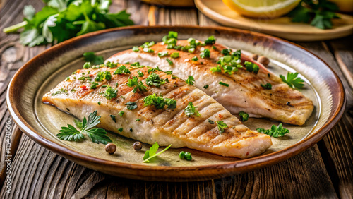 Grilled red snapper fillets garnished with fresh herbs on a rustic plate