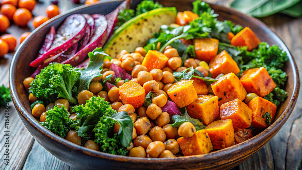 Colorful Buddha bowl, healthy mood, loaded with roasted vegetables, chickpeas and greens Colorful Buddha bowl, healthy mood, loaded with roasted vegetables, chickpeas and greens