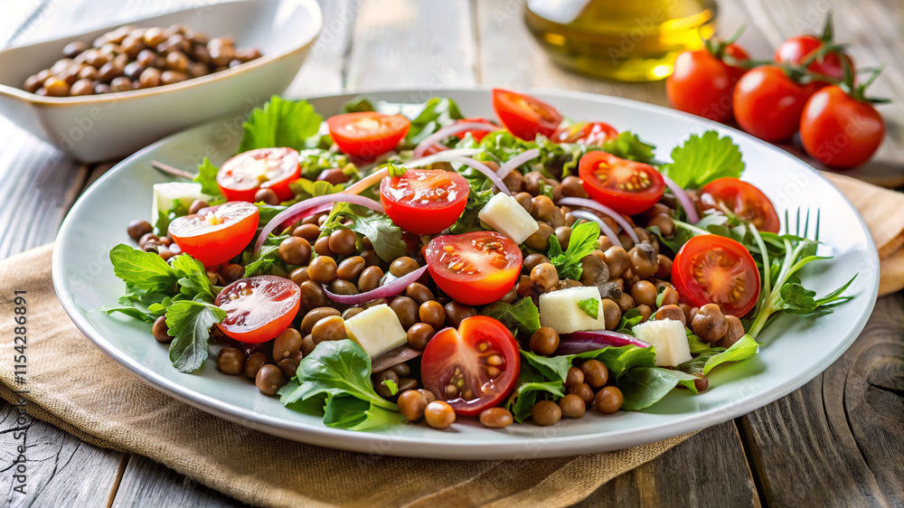 Refreshing lentil salad with cherry tomatoes, cucumbers, and fresh herbs served on a large plate Refreshing lentil salad with cherry tomatoes, cucumbers, and fresh herbs served on a large plate