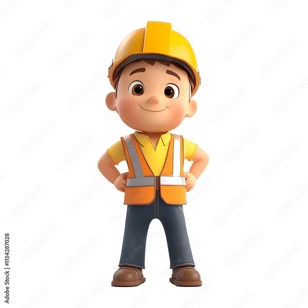 3D cartoon construction worker wearing safety vest and helmet 3D cartoon construction worker wearing safety vest and helmet