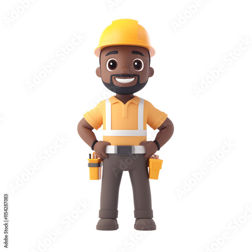 3D illustration of a smiling construction worker with tool belt and safety gear